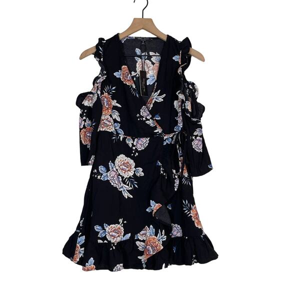 NEW Romeo & Juliet Couture Black Floral Faux Wrap Mini Dress S Cold Shoulder - Picture 2 of 10